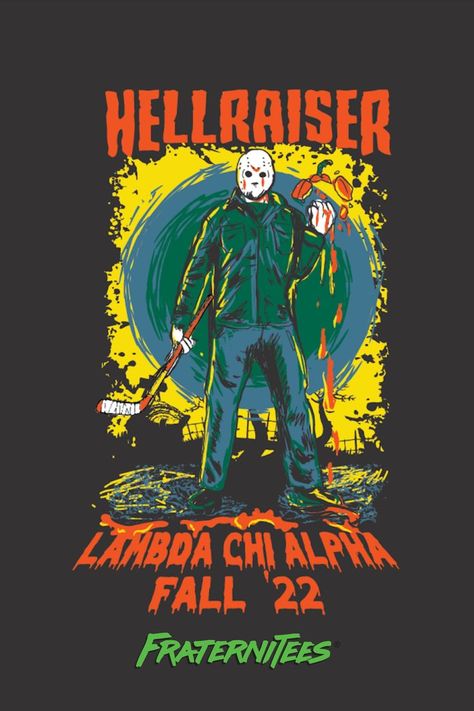 Lambda Chi Alpha Shirts | Lambda Chi Alpha Designs | Custom Lambda Chi Alpha Apparel | Fraternity Rush | Fall Rush 2022 | Lambda Chi Halloween | Halloween Party | Halloween Shirt | Lambda Chi Hellraiser | Jason Voorhees | Friday the 13th | FraterniTees | Custom Apparel | Fraternity Shirt | Fraternity Graphics | Greek Apparel | Custom Art | Custom Shirt Halloween Fraternity Shirt, Frat Painting, Alpha Apparel, Fraternity Shirt Design, Jason Voorhees Friday The 13th, Halloween Banners, Delta Sigma Phi, Halloween Party Banner, Lambda Chi Alpha