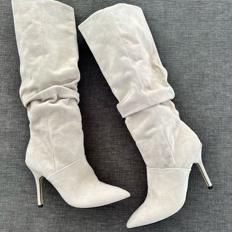 Boots Without Heels, Scrunched Boots, Shoes Boutique, Dressy Boots, Taupe Boots, Brown Suede Boots, Boots Suede, Tall Leather Boots, Lace Up Wedges