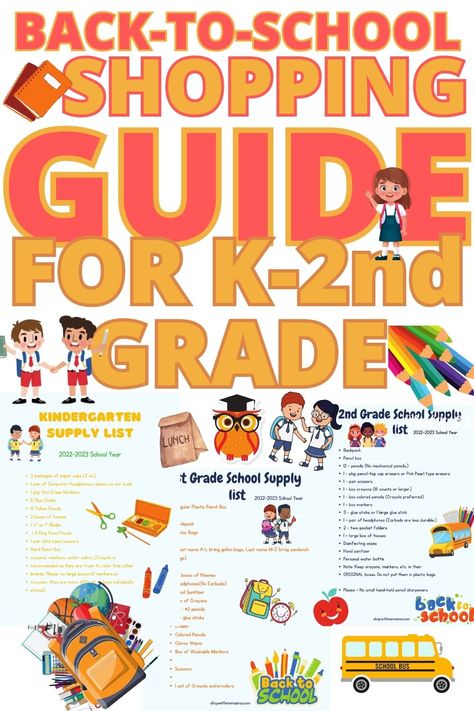 back to school shopping guide for k through 2nd grade! Second Grade School Supplies List, Back To School Guide, School Clothes Shopping List, Back To School Clothes List, Kindergarten School Supply List, Printable School Supplies, Kindergarten Supply List, School Clothes List, School Supplies Shopping List