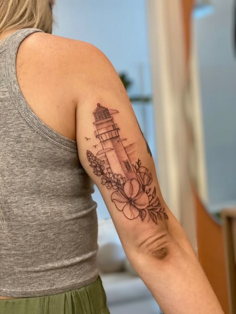 Lighthouse Flower Tattoo, Lighthouse Tattoo For Women Half Sleeves, Plume Tattoo, Lighthouse Tattoos, Medium Tattoos, Inspo Tattoo, Masculine Tattoos, Island Tattoo, Body Tattoo Design