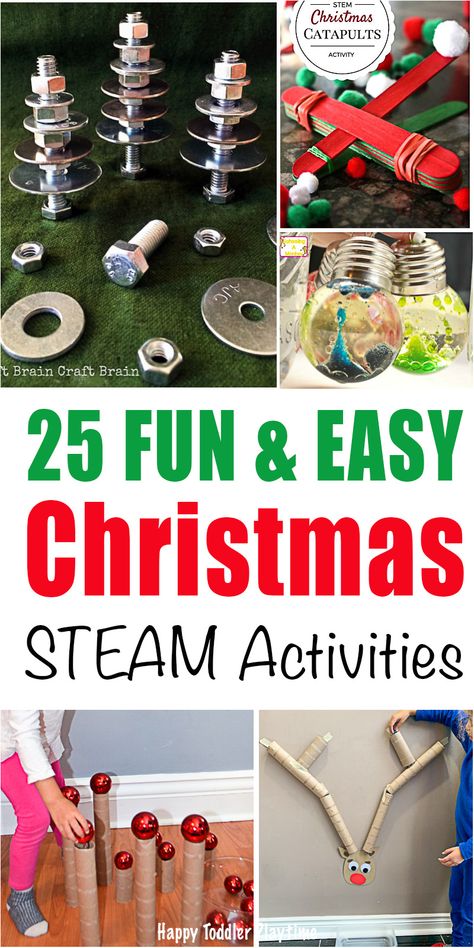 25 Easy Christmas STEAM Activities - HAPPY TODDLER PLAYTIME Christmas Steam Activities, Bubble Christmas Lights, Steam Projects For Kids, Holiday Stem Activities, Christmas Stem Challenge, Building Snowman, Christmas Elementary, Christmas Lesson Plan, Christmas Science Activities