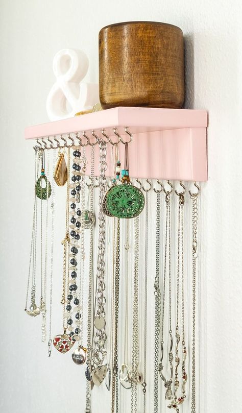 **JEWELRY ORGANIZERS MADE TO ORDER** Just like the one pictured above. ****THIS LISTING IS FOR THE SHELF JEWELRY ORGANIZER**** Check out our other Jewelry Organizer Styles! https://www.etsy.com/shop/WoodSignatureDesigns?ref=seller-platform-mcnav This shelf jewelry organizer is Shown in Ballerina finish and Silver hooks. Special features on this item (shown) include a deep shelf and 24 hooks to hold all the items you wish to hang. **You are able to choose between many stain or paint colors a Wall Jewelry Display, Jewelry Wall Display, Hanging Jewelry Storage, Diy Room Decor Videos, Earring Hanger, Bracelet Storage, Jewelry Organizer Wall, Diy Jewelry Display, Organizer Shelf