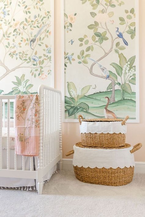 Nursery Paneling, Nursery Pink And Green, Chinoiserie Nursery, Grand Millenial, Nursery Inspiration Girl, Girl Nursery Pink, Lenox Butterfly Meadow, Nursery Pink