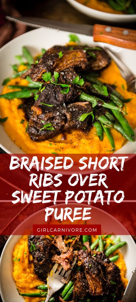 Slow Cooker Short Ribs, Sweet Potato Puree, Short Ribs Slow Cooker, Short Ribs Recipe, Whole30 Keto, Potato Puree, Braised Short Ribs, Easy Slow Cooker Recipes, Beef Short Ribs