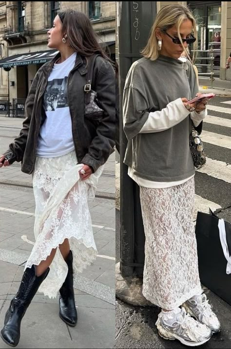 Lace Skirt Casual Outfit, Lace Skirt With Oversized T Shirt, Lace Skirt Fall Outfit, Lace Casual Outfit, Lace Dress Casual Outfit, Lace Trim Skirt Outfit, Lace White Skirt Outfit, Lace Dress Layered Outfit, Long White Lace Skirt Outfit