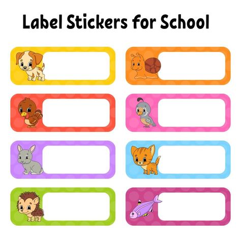 Bright stickers. School name label. Rectangular label. Color vector isolated illustration. Bright Stickers, School Name Labels, Kids Name Labels, Stickers School, Label Clips, Blank Banner, Writing Paper Printable Stationery, Writing Paper Printable, Name Label