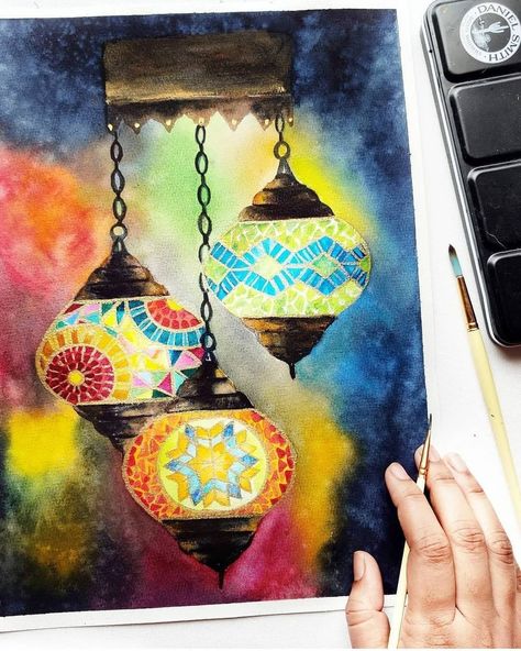 Turkish Lanterns, Watercolor Negative Painting, Mandala Watercolor, Diwali Painting, Lantern Drawing, Album Design Layout, Lantern Painting, Canvas Art Painting Abstract, Doddle Art