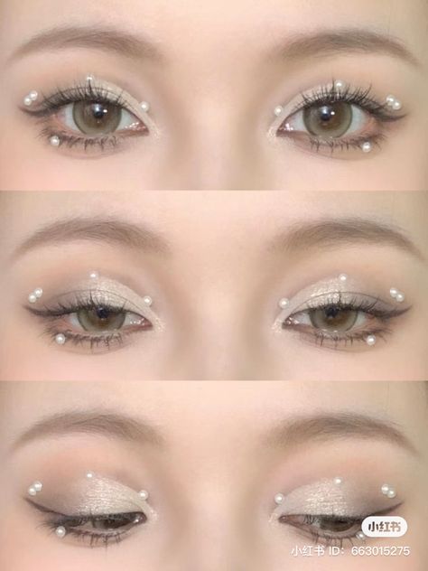 Pearl Eyes Makeup, Cute Pearl Makeup, Pearl Eye Makeup Aesthetic, Pearl Makeup Douyin, Pearl Sticker Makeup, Makeup For Kpop Concert, Makeup With Pearls Make Up, Douyin Pearl Makeup, Prom Makeup With Pearls