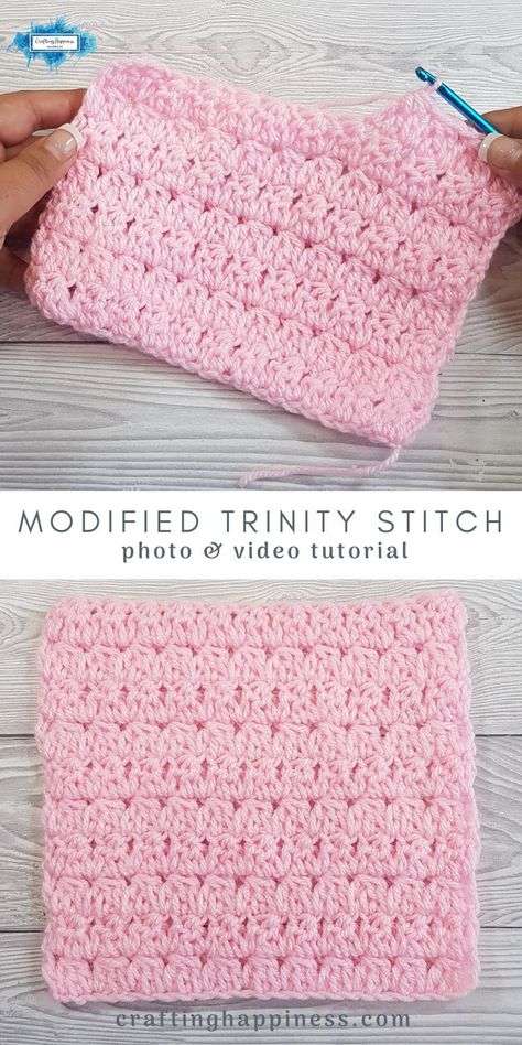 Learn how to crochet the Modified Trinity Stitch - a free step by step tutorial & video from Crafting Happiness. Easy tutorial for beginners. Trinity Stitch Crochet, Crochet Trinity Stitch, Crochet Girls Dress Pattern, Trinity Stitch, Chunky Crochet Blanket Pattern, Chunky Crochet Blanket, Crochet Afghan Patterns Free, Crochet For Beginners Blanket, Crochet Knit Stitches