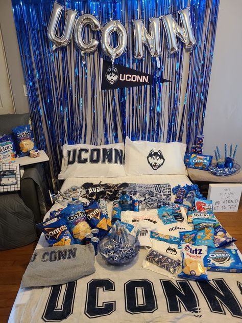 Cricut and sublimated most of the items. Uconn Bed Party, University Of Connecticut Aesthetic, Bed Decorating College Acceptance, Bed Party Ideas College, College Bed Decorating Party, Uconn Aesthetic, Bed Party College, College Bed Party, Pitt University