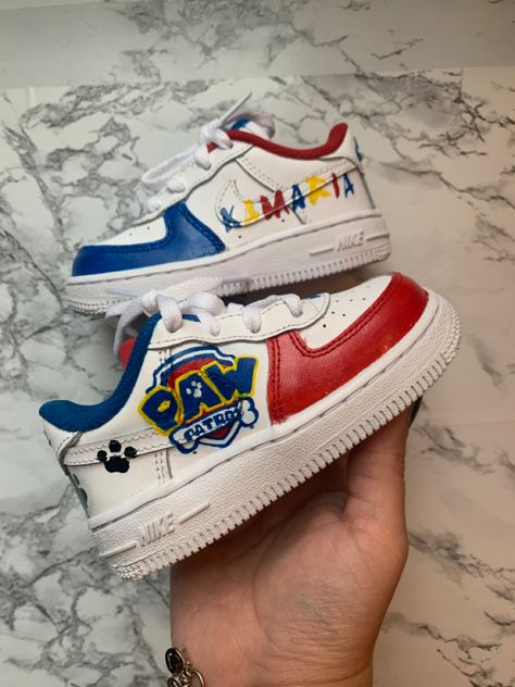 Paw patrol inspired custom nike sneakers Paw Patrol Shoes Diy, Paw Patrol Air Force Ones, Paw Patrol Embroidery Shirt, Paw Patrol Custom Shoes, Paw Patrol Jean Jacket, Paw Patrol Clothes, Paw Patrol Shoes, Marshall Paw Patrol, Boho Maternity