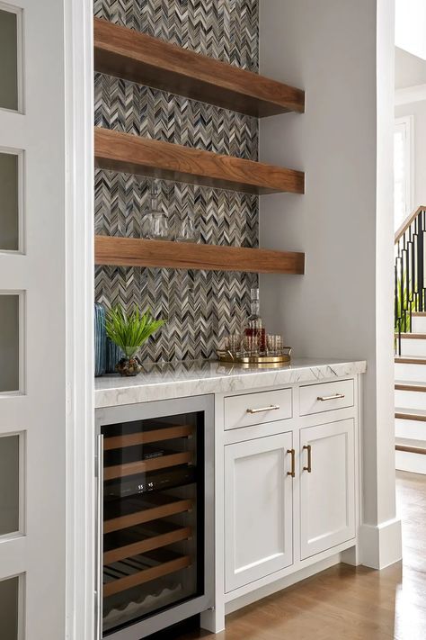 EDGE HILL DRIVE - Bob Thompson Homes Wet Bar Shelves Ideas, Beverage Nook, Built In Wine Bar, Bob Thompson, Home Wine Bar, Dining Room Built Ins, Bar Space, Hall Ideas, Home Bar Rooms