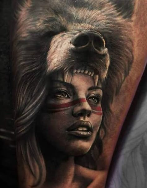 12+ Best Bear Headdress Tattoo Designs | PetPress Native American Headdress Tattoo, Indian Headdress Tattoo, Wolf Girl Tattoos, Headdress Tattoo, Bear Tattoo Designs, World Famous Tattoo Ink, Native American Tattoo, Native American Tattoos, Native Tattoos