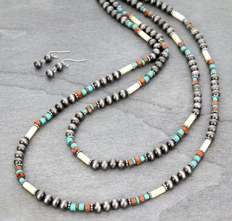 Navajo Style Pearl and Bead Necklace Set  24" 30" 3" ext Navajo Pearl Jewelry, Beaded Necklace Patterns Tutorials, Beaded Necklaces Ideas, Navajo Pearls Necklace, Western Jewelry Necklace, Turquoise Bead Jewelry, Stretch Beaded Bracelets Diy, Pearl Necklace Designs, Beaded Necklace Patterns