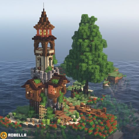 Robella on Twitter: "happy Tuesday! ♥️ have a lighthouse~ #minecraft #aestheticminecraft #minecraftbuild #minecraftbuilds… " Minecraft Towers, Minecraft Dock, Minecraft Lighthouse, Minecraft Banner Designs, Medieval Tower, Minecraft Banners, Easy Minecraft Houses, Minecraft Castle, Minecraft Medieval