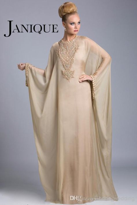 Plus Size Evening Gowns Dubai Abaya Arabic Mother Of The Bride Dresses Jewel Beads Batwing Long Sleeves Floor Length Chiffon Janique JQ3402 Dubai Kaftan Dress, Farasha Abaya, Design Abaya, Sale Picture, Yellow Evening Dresses, Plus Size Evening Gown, Evening Dresses Uk, Stile Hijab, Evening Dress Long