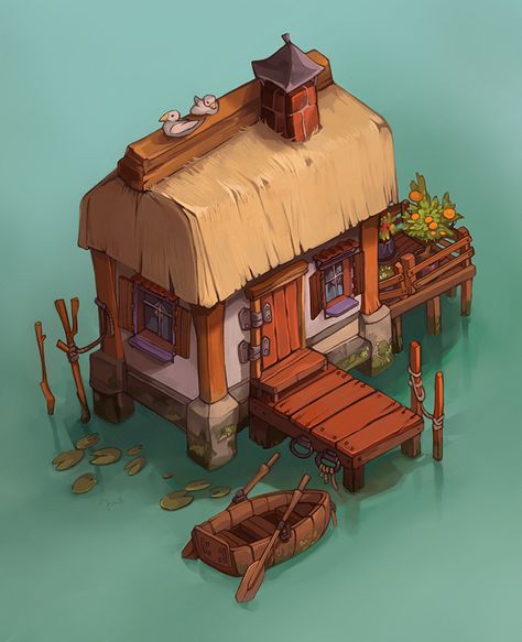 ArtStation - Fishing House, Johanna Marsch Fishing House, Habbo Hotel, Sunshine Nature, Cartoon House, Heroic Fantasy, Building Concept, Isometric Art, Isometric Design, Isometric Illustration