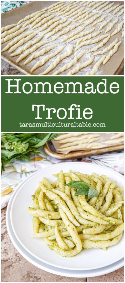 Homemade Trofie on a baking sheet and on two white plates with Pesto alla Genovese. Trofie Pasta Recipes, Homemade Herb Pasta, Authentic Homemade Pasta, Homemade Herb Pasta Dough, Truffle Pesto Pasta, White Truffle Oil Recipes Pasta, Homemade Pasta Recipes, Twisted Pasta, Make Fresh Pasta