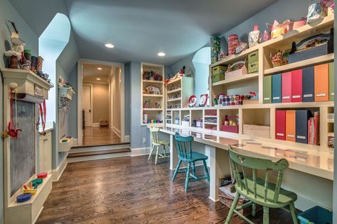 Traditional Playroom with Custom desk with hutch, High ceiling, Bigso Bright Stockholm Magazine File, Built-in bookshelf High Ceiling Playroom, Narrow Playroom, Playroom And Office Combo Small Spaces, Traditional Playroom, Basement Study, Chair Craft, Study Room Kids, Homeschool Room Design, Homework Room