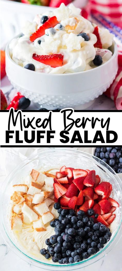 Easy Berry Cheesecake Fluff (sometimes called "fluff salad") is loaded with cream cheese, homemade whipped cream, fresh berries, and chunks of angel food cake. It is full of cheesecake flavor, takes only minutes to prepare, and is a hit at any party! | www.persnicketyplates.com Fourth Of July Angel Food Cake Dessert, Angel Food Cake Salad, Berry Fluff Salad, Berry Cheesecake Fluff, Angel Food Desserts, Berry Fluff, Fluffy Salad, Cream Cheese Homemade, Persnickety Plates