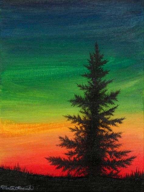 Painting of a pine tree at sunset Pastel Oil Painting, Drawing Sunset, Oil Painting Trees, Pine Tree Painting, Sunset Canvas Painting, Chalk Pastel Art, American Landscape, Pastel Artwork, Oil Pastel Paintings