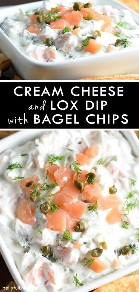 Cream cheese and lox on a bagel is transformed into a delicious dip for an easy appetizer. Perfect for brunch or Passover! Lox Brunch Ideas, Lox Cream Cheese Recipe, Lox Appetizer Recipes, Desert Fondue, Lox Dip, Lox Appetizer, Brunch Dip, Bagel Spread Recipes, Bbq Apps