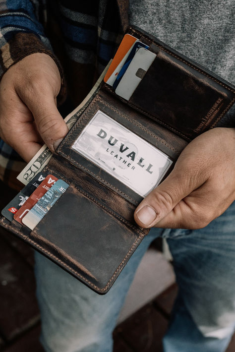 The Chocolate Bison leather trifold wallet is the perfect present for the discerning man in your life.  Shop now to find the perfect gift this holiday season!   #GiftsForHim #RealLeather #DuvallLeather #BeAuthentic #DarkBrownBisonLeather #LeatherTrifoldWallet #TrifoldWallet #BisonLeatherWallet #MensFashion Bison Leather, Leather Trifold Wallet, Front Pocket Wallet, Pocket Wallet, Leather Wallets, Leather Wallet Mens, Trifold Wallet, Tri Fold, Full Grain Leather