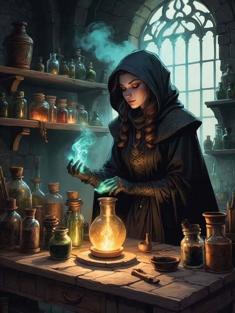 In a shadowy laboratory filled with bubbling potions and flickering candlelight, a woman in a black, form-fitting alchemist's coat works at a stone table. Her gloved hands mix ingredients in a smoking cauldron, and her face is partially hidden by a mask with intricate designs. Shelves filled with vials, jars, and ancient texts line the walls, and the air is thick with the scent of herbs and magic. Types Of Witchcraft, Witches Art, Witch Drawing, Witch Pictures, Witch Cauldron, Image Halloween, Fantasy Witch, Which Witch, Beautiful Witch