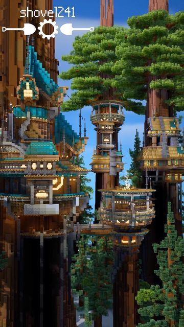 Treehouse Village Minecraft, Httyd Minecraft Builds, Minecraft Treehouse Village, Minecraft Tree Village, Minecraft Canopy, Minecraft Treehouse Ideas, Blossom Minecraft, Minecraft Treehouses, Treehouse Village