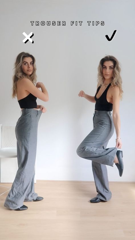 fashioninflux on Instagram: Trouser styling tips 💙 2 ways to fix the fit ✨⁠ •⁠ #highwaisted #denimlove #fashiontips #fashionhacks #styletips #stylehacks #fashionhelp… Fixing Pants Waist Fit, How To Style Pants Trousers, Folder Diy, Office Pants, Fashion Hacks, Easy Trendy Outfits, Hacks Diy, Styling Tips, 2 Way