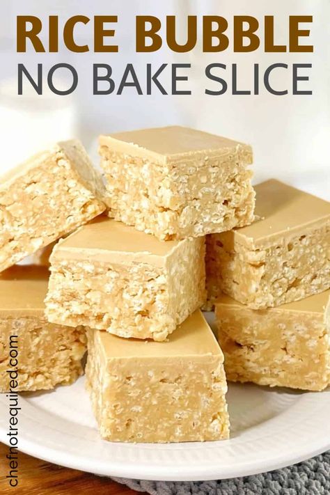 This easy, no bake rice bubble slice with caramilk is the ultimate sweet treat! It's a no bake condensed milk slice, so it's a great recipe for the kids to help with too! With caramilk chocolate and rice bubbles (rice krispies) this slice will be popular with little kids and big kids alike. #chefnotequired #ricebubbleslice #caramilkslice Rice Bubble Recipes, Rice Bubble Slice, No Bake Slices, Rice Bubbles, Condensed Milk Recipes, Baked Rice, Puffed Rice, Easy No Bake, No Bake Bars