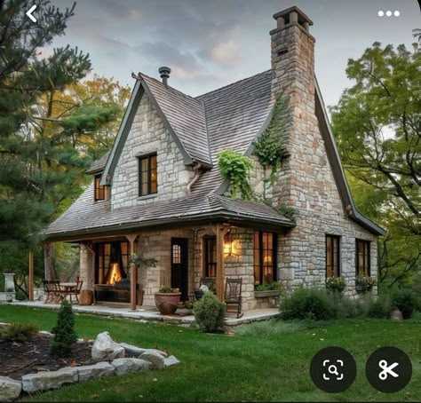 Cottage With A Porch, Stone House Front Porch, Stone Cottage Porch, River Stone House, Stone Cottage With Porch, Small Stone Cottage House Plans, Stone Cabins And Cottages, Country Stone House, Small Rustic Cottage