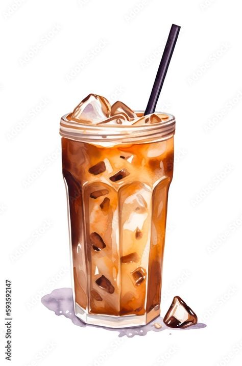 Iced Coffee Illustration, Coffee With Milk, Coffee Watercolor, Coffee Ice, Coffee Illustration, Milk Coffee, Cold Coffee, Ice Cubes, Ice Cube