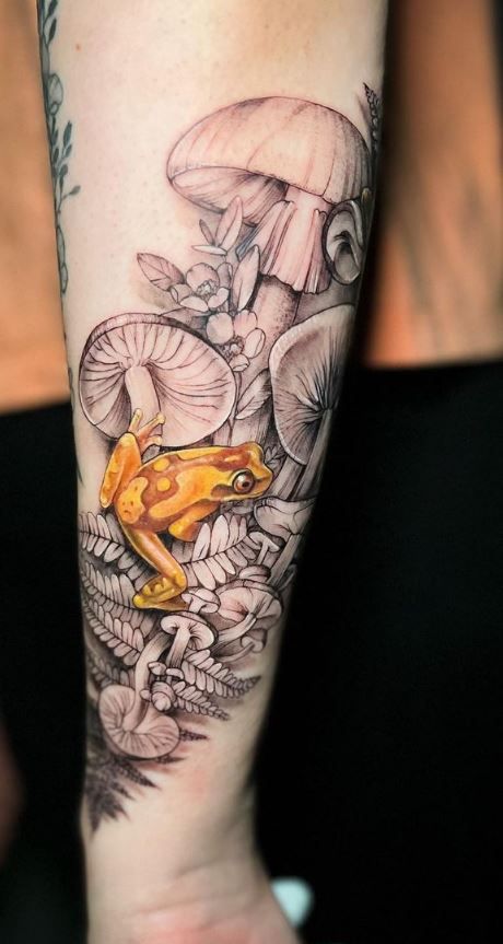 Frog Tattoo Ideas, Fall Tattoos, Tree Frog Tattoos, Water Lily Tattoos, Fox Tattoo Design, Steampunk Tattoo, Mushroom Tattoo, Frog Tattoo, Autumn Tattoo