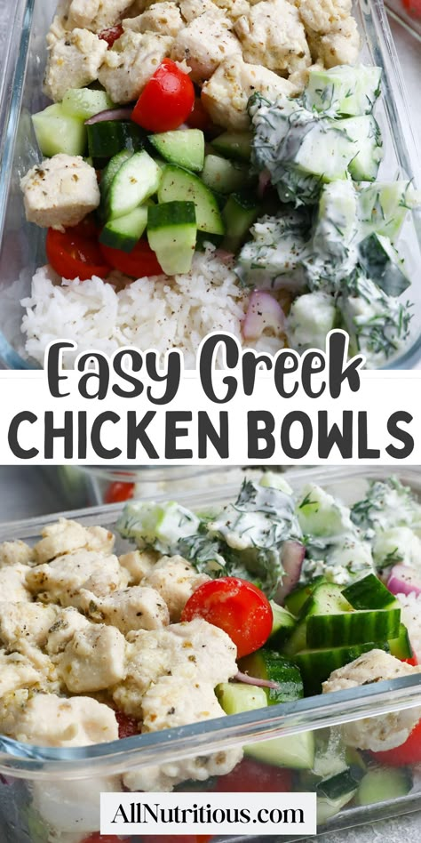 Greek Chicken Bowls are perfect for meal prep dinners. These bowls are not only a delicious example of healthy chicken recipes but also serve as high protein meals to keep you fueled. Soo good and yummy, one of the best Mediterranean recipes! Meal Prep Greek Chicken, Meal Prep Greek, Greek Chicken Meal Prep, Greek Chicken Meal, Greek Chicken Bowls, Chicken Meal Prep Bowls, High Protein Lunch Ideas, Chicken Bowls, Healthy Protein Meals