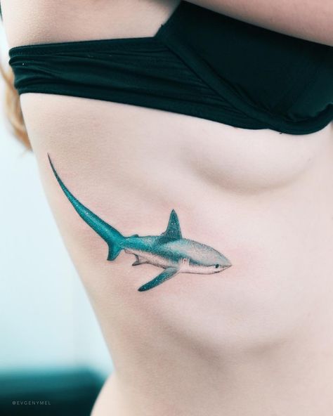 Blue Shark Tattoo, Shark Collarbone Tattoo, Great White Shark Tattoos For Women, Feminine Shark Tattoo, Colorful Collarbone Tattoo, Thresher Shark Drawing, Feminine Shark Tattoo For Women, Thresher Shark Tattoo, Shark Underboob Tattoo