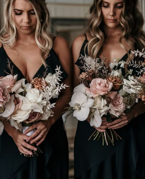 Blush Hues Wedding, Ethereal Wedding Color Palette, Modern Bouquet, Black Bridesmaids, Dark Wedding, Neutral Wedding, Black Bridesmaid Dresses, White Orchids, Blush Wedding