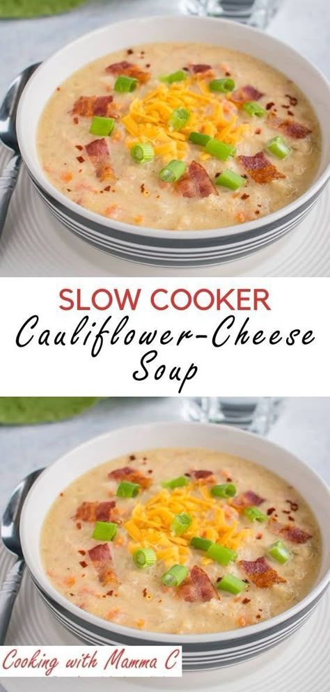 This Slow Cooker Cauliflower-Cheese Soup is so delicious and comforting! Serve it with toppings such as bacon and chives for a loaded cauliflower soup that’ll knock your socks off! Plus, it’s gluten free and has just 15 grams of carbs per serving. #SoupSeason #SlowCooker Crock Pot Cauliflower, Slow Cooker Cauliflower, Loaded Cauliflower Soup, Slow Cooker Cauliflower Soup, Crockpot Cauliflower, Cauliflower Cheese Soup, Cauliflower Cheese Soups, Cheesy Cauliflower Soup, Cauliflower Soup Recipe