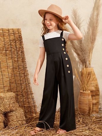 Black Casual Collar Sleeveless Fabric Plain Overall Embellished Non-Stretch Girls Clothing Dangri Dress For Kids, Black Preppy, Shein Kids, Girls Attire, Sewing Kids Clothes, Paisley Fashion, Kids Blouse, Womens Trendy Dresses, Cami Jumpsuit