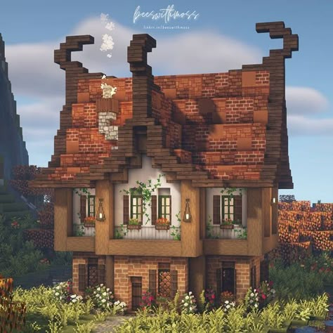 Pretty Minecraft Houses, Cottagecore Houses, Minecraft Fantasy House, Minecraft Roof, Cottage Core Minecraft House, Cottage Core House, Fall Aesthetics, Minecraft Structures, Aesthetic Cottage