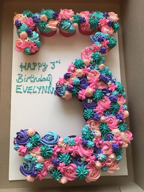 Three Years Birthday Cake, 3 Birthday Cupcakes Number, Three Year Old Cupcake Ideas, 3 Year Birthday Cupcakes, 3 Cupcakes Cake Number, Floral Cupcake Cake, Three Cupcake Cake Number, 3 Shaped Cupcakes, Number Three Cupcake Cake