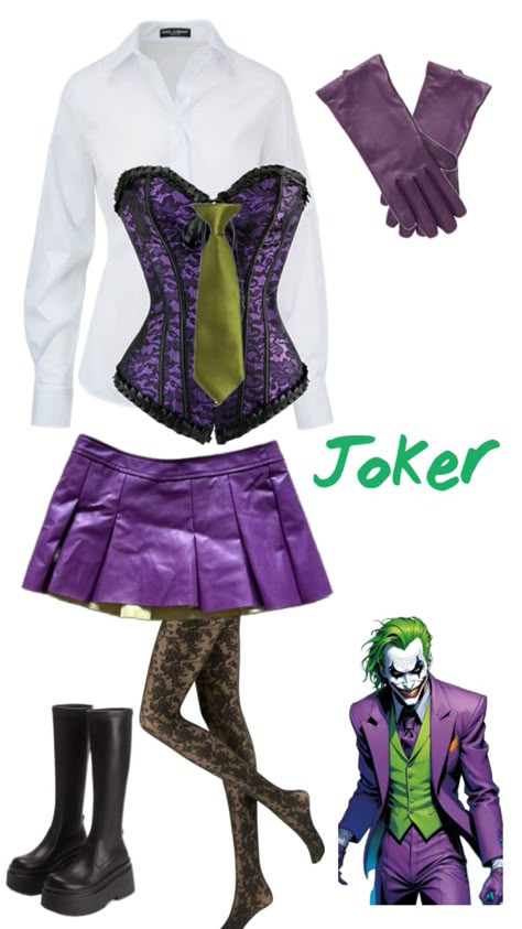 Joker Costume Inspiration, The Joker Inspired Outfit, Joker Inspo Outfit, Joker Aesthetic Outfit, Unique Baddie Halloween Costumes, Joker Outfits Female, Joker Costume Female Outfit Black Woman, Joker Corset Costume, Woman’s Joker Costume