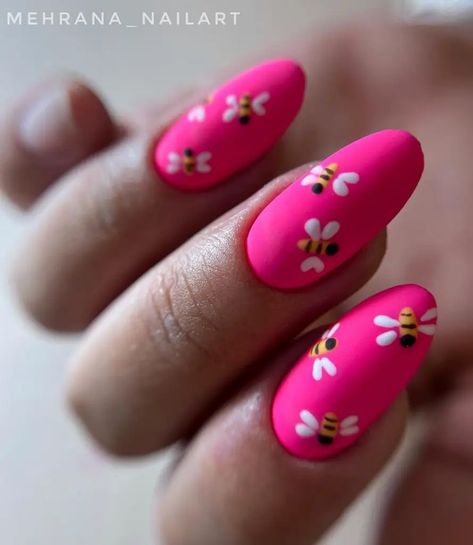 Top Summer Hot Pink Nail Designs 2024: 22 Trendy Ideas and Fun Styles Tiny Flowers On Nails, 10 Finger Nail Design, Solid Color Nails For Summer, Bright Pink Nails With Flowers, Pink Designs Nails, Simple Nail Flower, Round Nail Art Designs, Cute Beginner Nail Ideas, Fun Summer Nails 2024 Almond