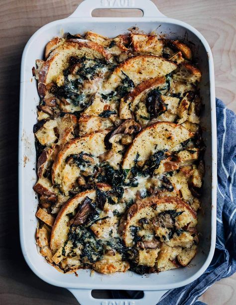 Savory Bread Pudding (Strata) with Mushrooms - Brooklyn Supper Mushroom Bread Pudding, Mushroom Bread, Kale And Mushroom, Savory Bread Pudding, Comte Cheese, Savory Bread Puddings, Whats Gaby Cooking, Savory Bread, Bread Pudding Recipe