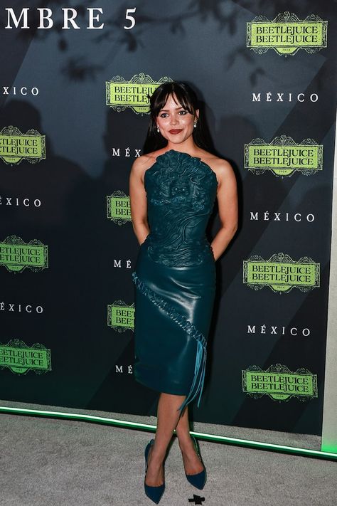 Every Look Jenna Ortega Wore On The ‘Beetlejuice Beetlejuice’ Press Tour Janna Ortega, Green Corset Dress, Zombie Dress, Bria Myles, Corset Gown, Beetlejuice Beetlejuice, Skull Dress, Michael Keaton, Winona Ryder