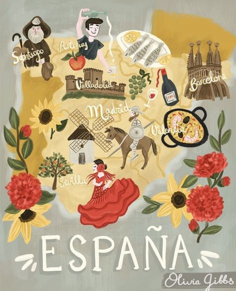 Olivia Gibbs, Map Illustrations, Spain Map, Maps Aesthetic, Agenda Stickers, Illustrated Maps, Spanish Heritage, Spanish Decor, Spain Culture