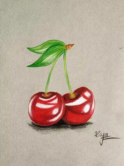 Food Drawing With Colour Pencils, Cherry Colour Pencil Drawing, Cherry Colored Pencil Drawing, Small Realistic Drawings, Colored Pencil Drawing Animals, Realistic Drawings Colour, Easy Drawings With Colour Pencils, Colour Pencil Shading Drawings, Colour Shading Drawing