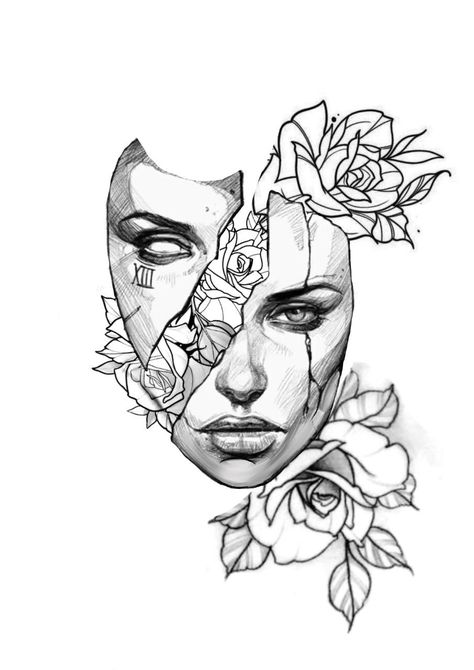 Portrait Art Tattoo, Split Portrait Drawing, Open Head Tattoo, Two Faced Tattoo Woman, Mental Health Tatoos Design Healing, Split Personality Tattoo, Women Art Drawing, Rose Face Tattoo, Portrait Tattoo Design