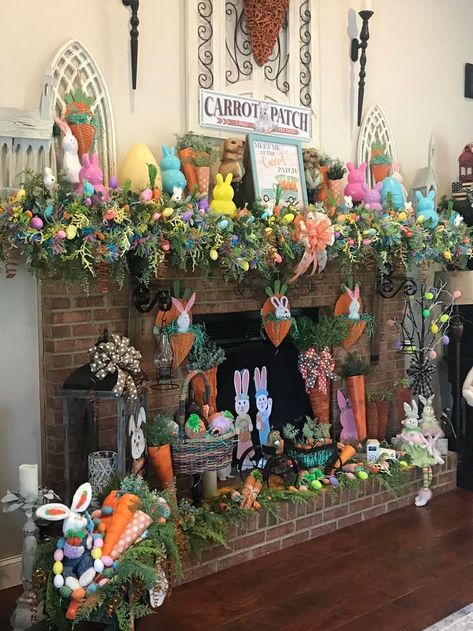 Easter Fireplace Decor, Wine Displays, Easter Mantle Decor, Fun Easter Decorations, Easter Mantle, Bunny Decorations, Christmas Tree And Fireplace, Easter Stuff, Holiday Trees