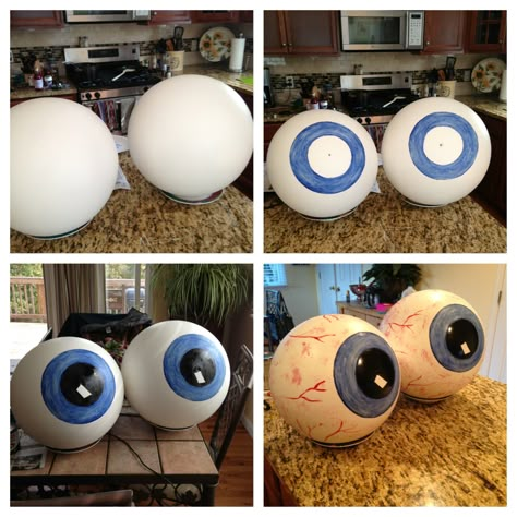 Giant eyeballs for Halloween , hang in tree or on a table for a centerpiece :-O Giant Eyeball, Eyeball Tree Halloween, Halloween Table Top Decor, Diy Giant Halloween Decorations, Halloween Eyeballs Decorations, Diy Halloween Eyeballs, Halloween Rave, Halloween Decor Diy, Halloween Circus